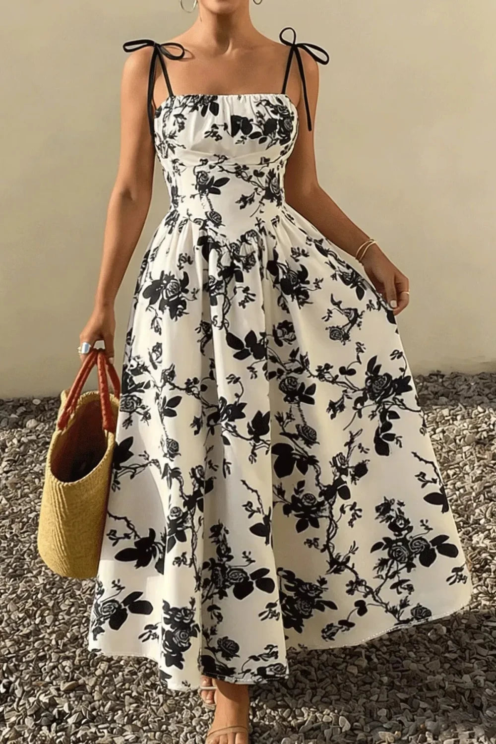 Vintage floral tie-shoulder midi dress