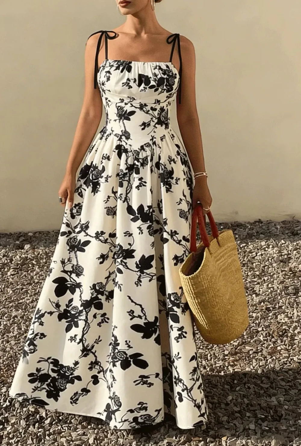 Vintage floral tie-shoulder midi dress