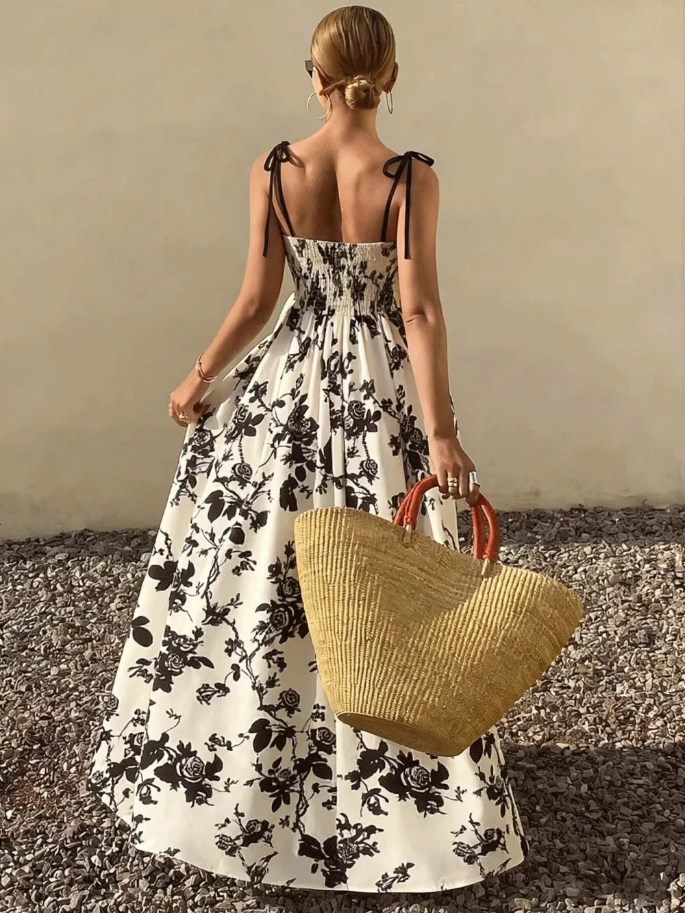 Vintage floral tie-shoulder midi dress