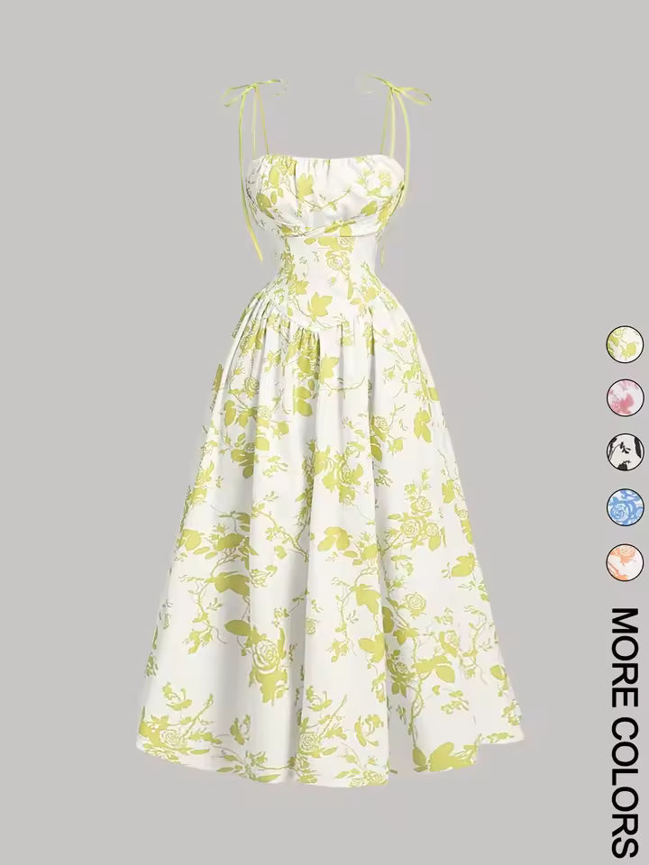 Vintage floral tie-shoulder midi dress