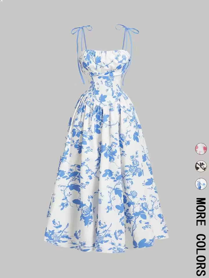 Vintage floral tie-shoulder midi dress