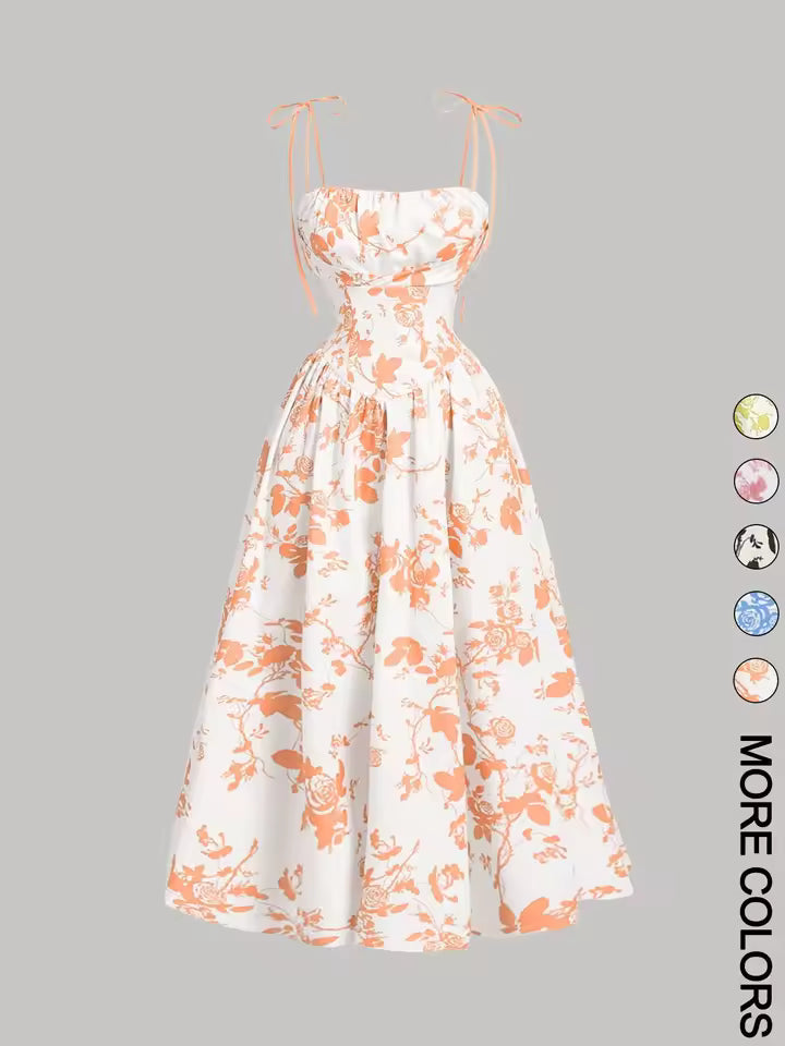 Vintage floral tie-shoulder midi dress