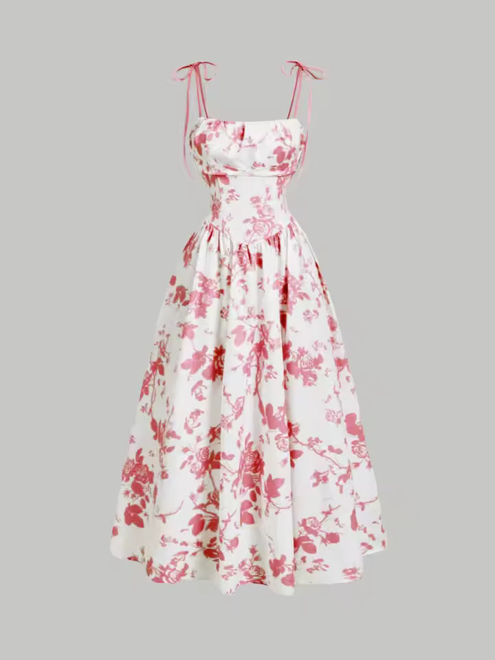 Vintage floral tie-shoulder midi dress